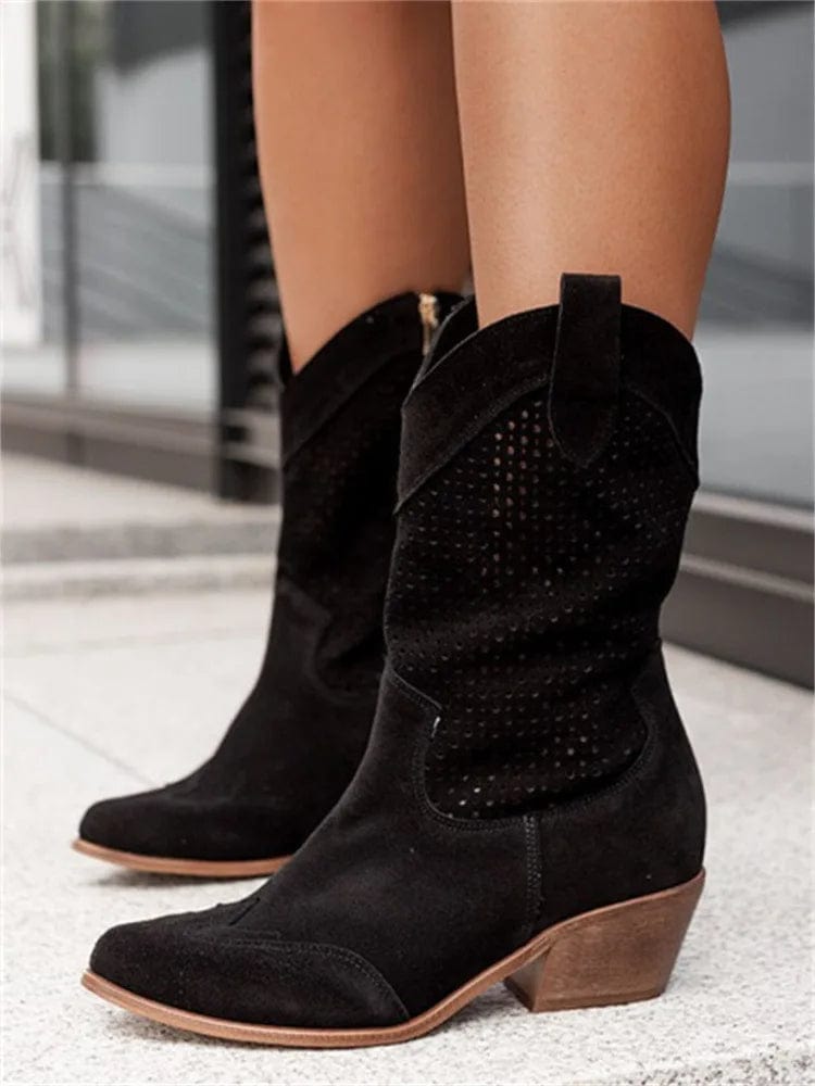 Ellie | Women's Perforated Western Cowboy Boots, Block Heel Side-Zip Boots