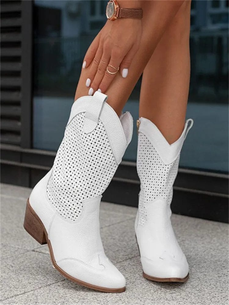 Ellie | Women's Perforated Western Cowboy Boots, Block Heel Side-Zip Boots