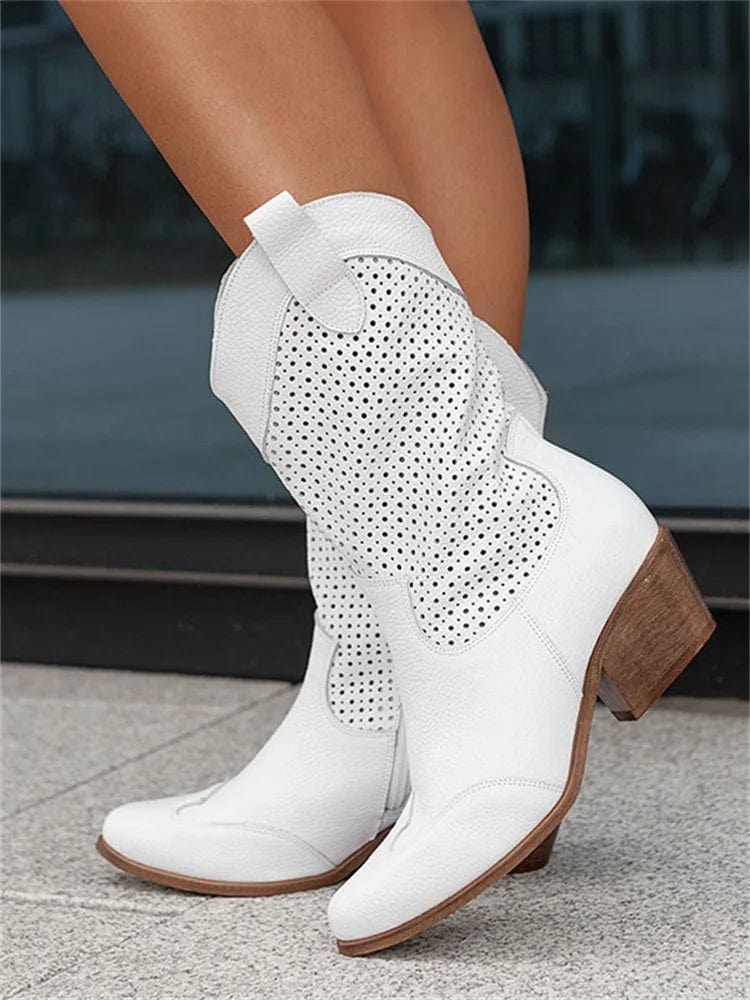 Ellie | Women's Perforated Western Cowboy Boots, Block Heel Side-Zip Boots