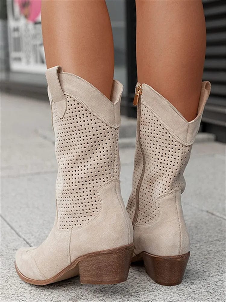 Ellie | Women's Perforated Western Cowboy Boots, Block Heel Side-Zip Boots
