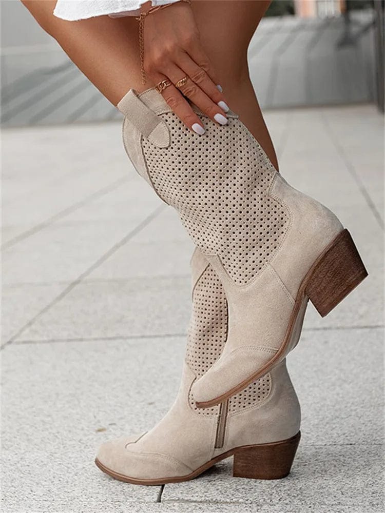 Ellie | Women's Perforated Western Cowboy Boots, Block Heel Side-Zip Boots