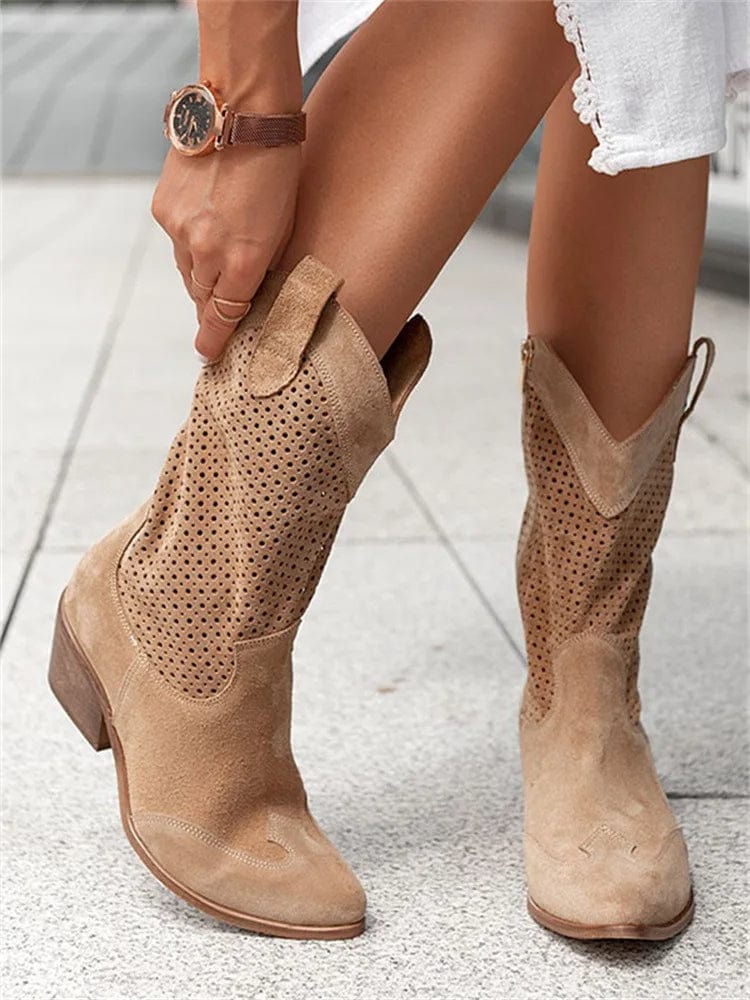 Ellie | Women's Perforated Western Cowboy Boots, Block Heel Side-Zip Boots