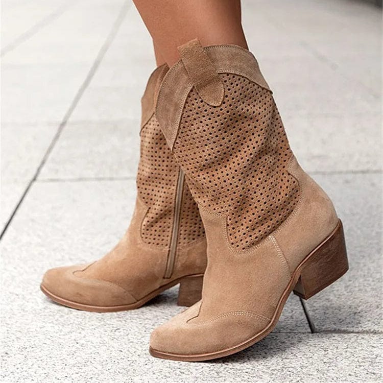 Ellie | Women's Perforated Western Cowboy Boots, Block Heel Side-Zip Boots
