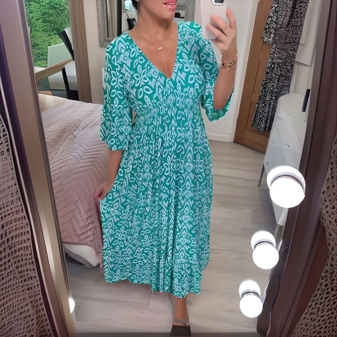 Luciana | Women's V-Neck Maxi Dress, 3/4 Sleeve Flowy Dress with Pockets