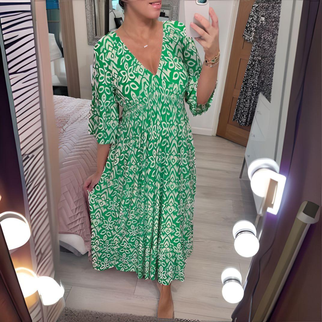Luciana | Women's V-Neck Maxi Dress, 3/4 Sleeve Flowy Dress with Pockets