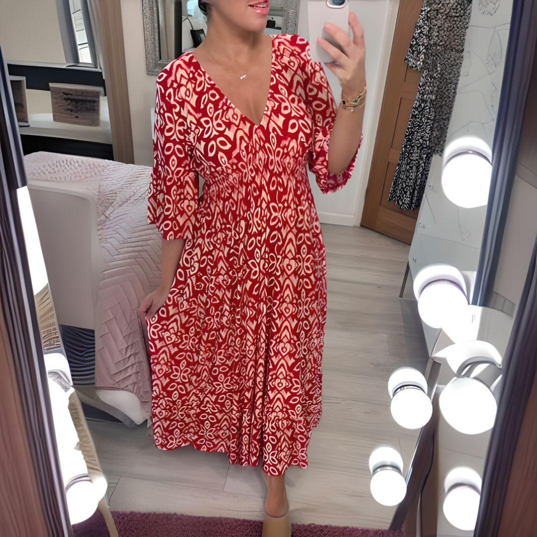 Luciana | Women's V-Neck Maxi Dress, 3/4 Sleeve Flowy Dress with Pockets