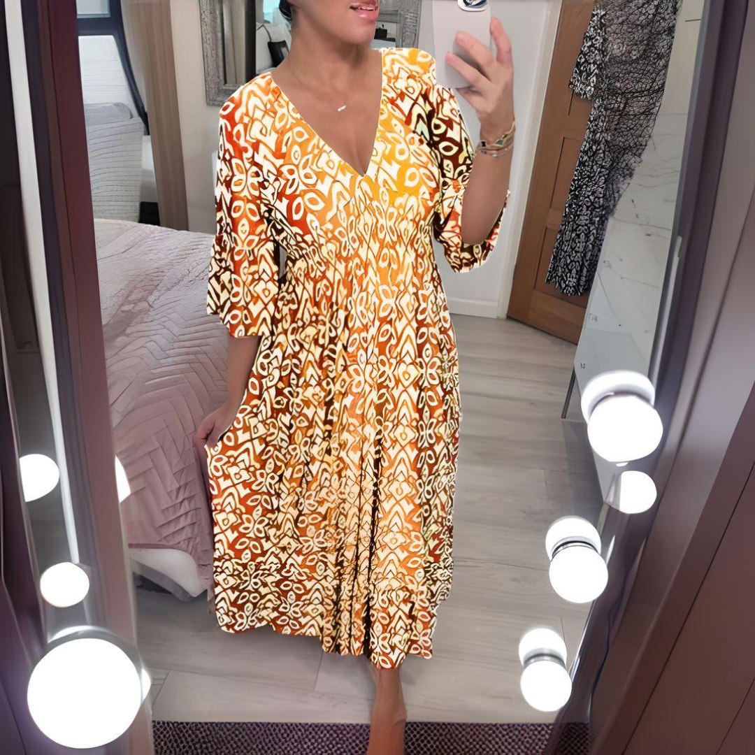 Luciana | Women's V-Neck Maxi Dress, 3/4 Sleeve Flowy Dress with Pockets