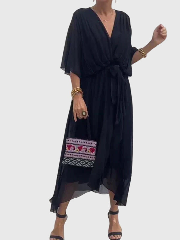 Bethany | Women's V-Neck Midi Dress, Lightweight Flowing Wedding Guest Dress