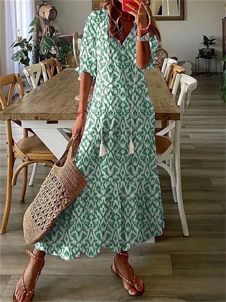 Annemariee | Women's Boho Floral Maxi Dress, V-Neck Short Sleeve Beach Dress