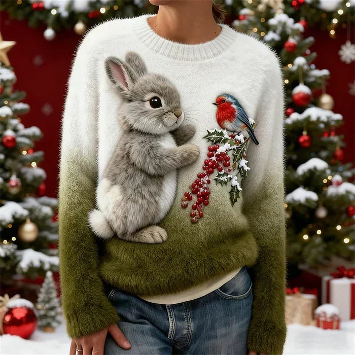 Janelli | Women's Bunny Print Sweater, Soft Plush Festive Winter Knit Sweater