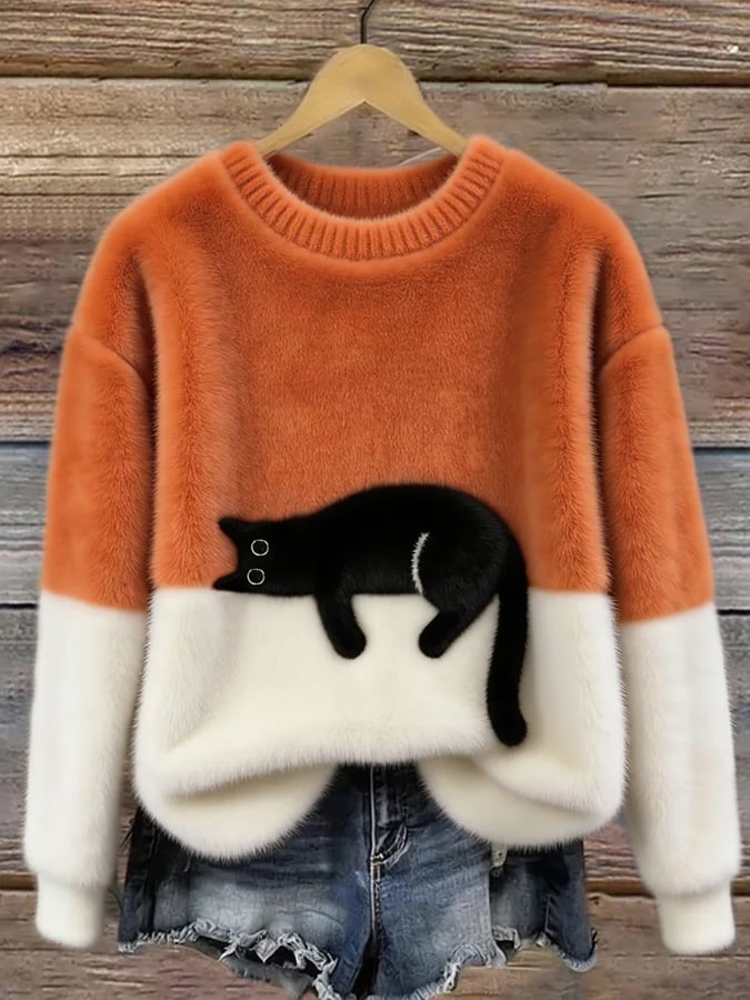 Luna | Women's Cat Print Cotton Blend Sweater, Relaxed Fit Casual Knit Sweater