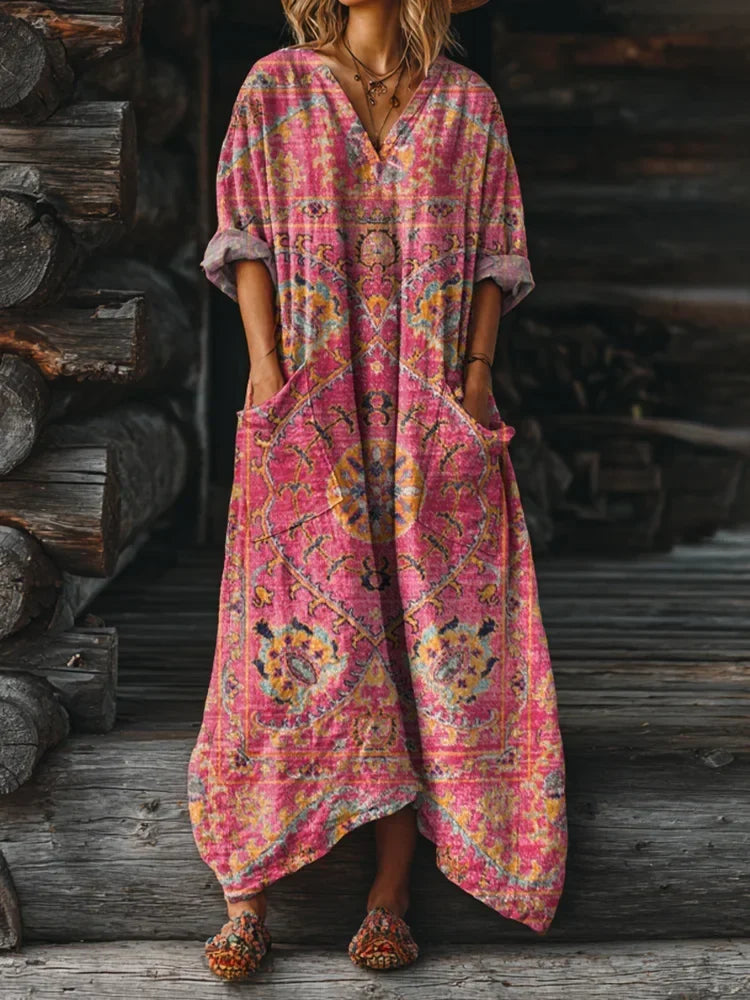 Ophira | Women's Vintage Boho Print Dress, V-Neck Relaxed Fit Dress with Pockets