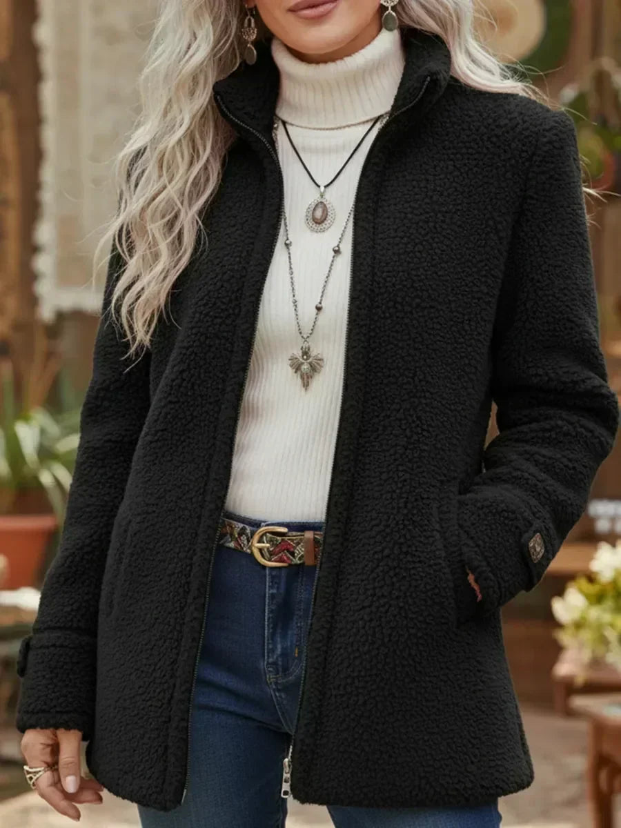 Chanelle | Women's Full-Zip Stand Collar Jacket, Soft Below-Hip Everyday Coat