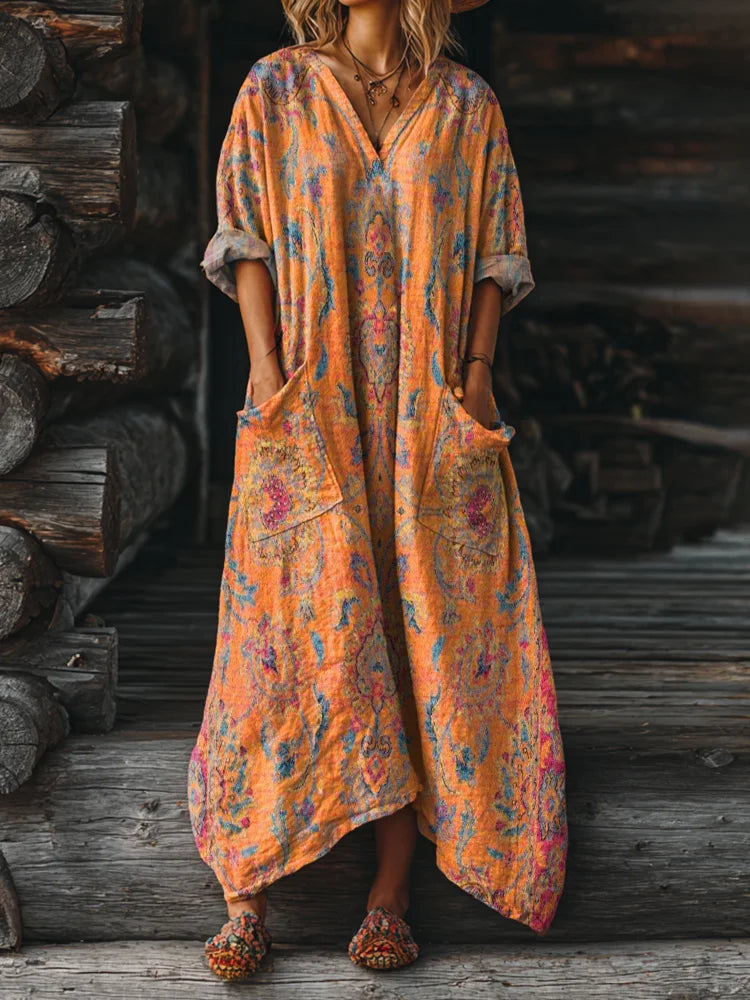 Ophira | Women's Vintage Boho Print Dress, V-Neck Relaxed Fit Dress with Pockets