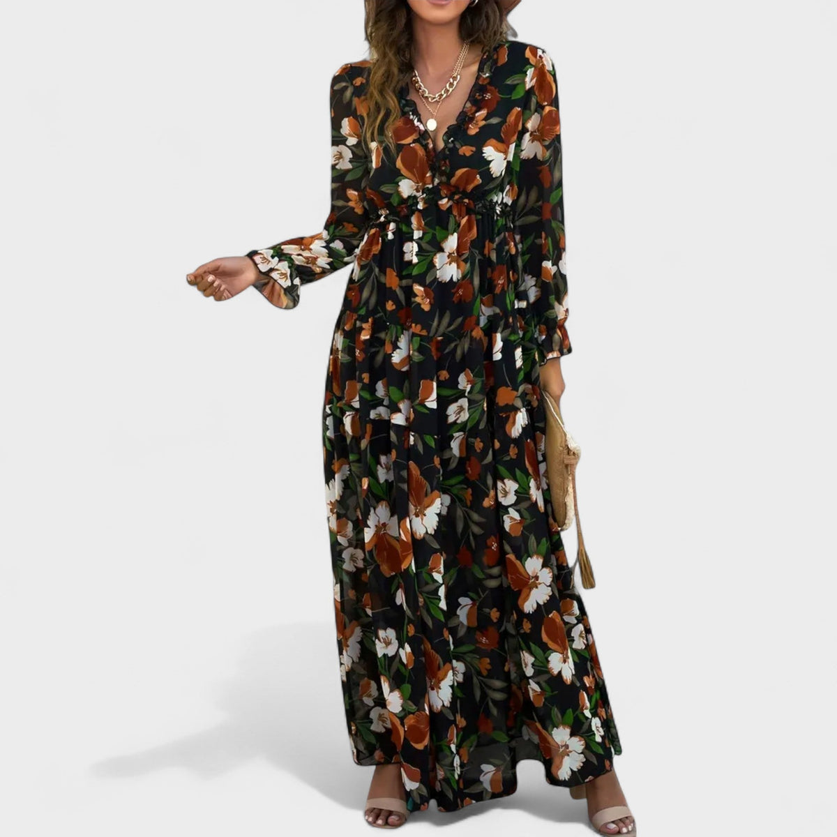 Zera | Women's Floral Tiered Maxi Dress, Long Sleeve V-Neck Dress for Warm Weather
