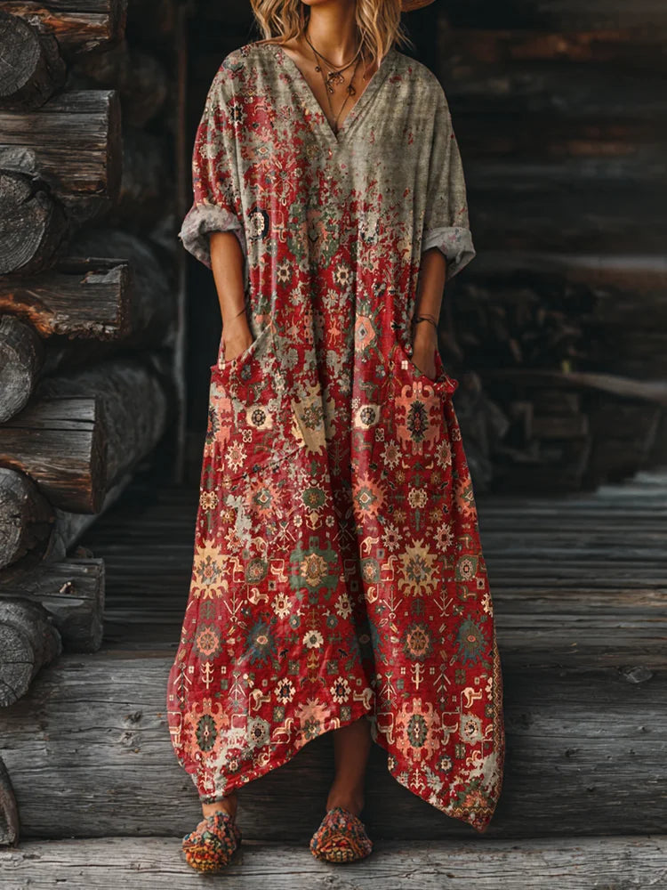 Ophira | Women's Vintage Boho Print Dress, V-Neck Relaxed Fit Dress with Pockets