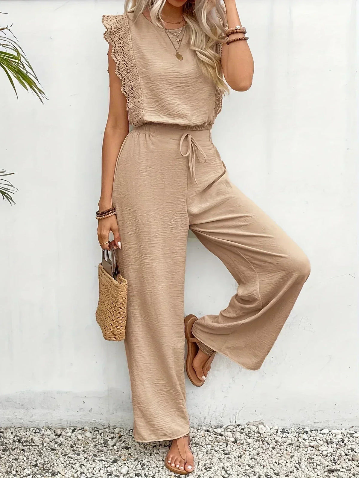 Zella | Women's Lace-Trimmed Two-Piece Set, High-Waist Wide-Leg Trousers and Top