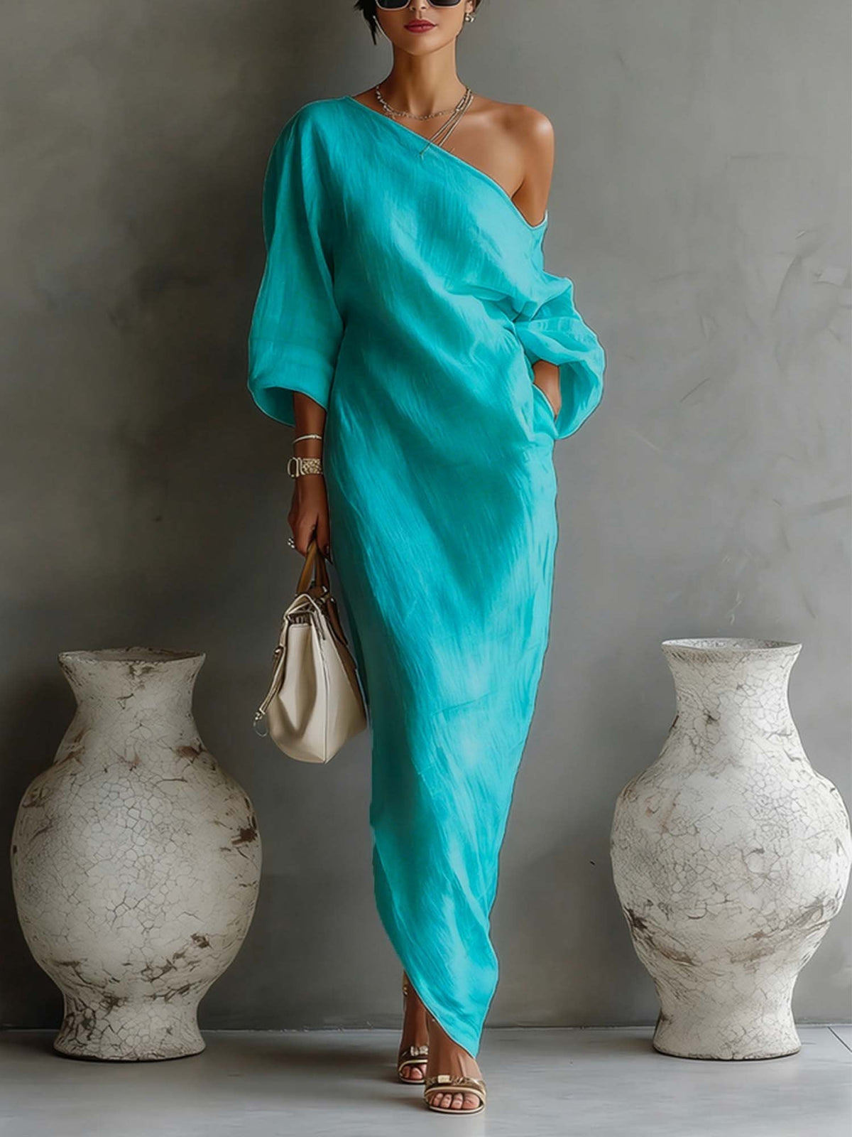 Women's Balloon Sleeve Cotton Linen Maxi Dress, Flowy Summer Dress with Irregular Hem