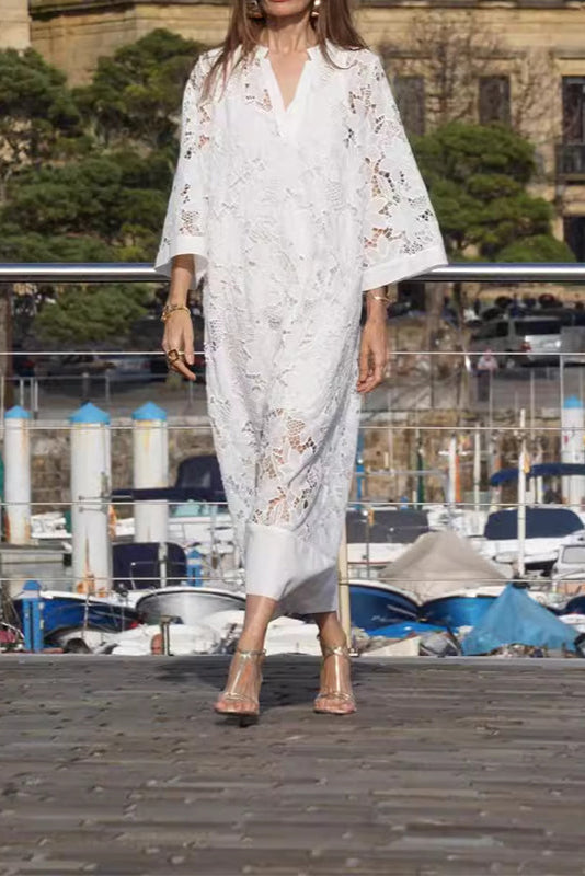 Isabelle | Women's All-Over Lace Midi Dress, Three-Quarter Sleeve Occasion Dress