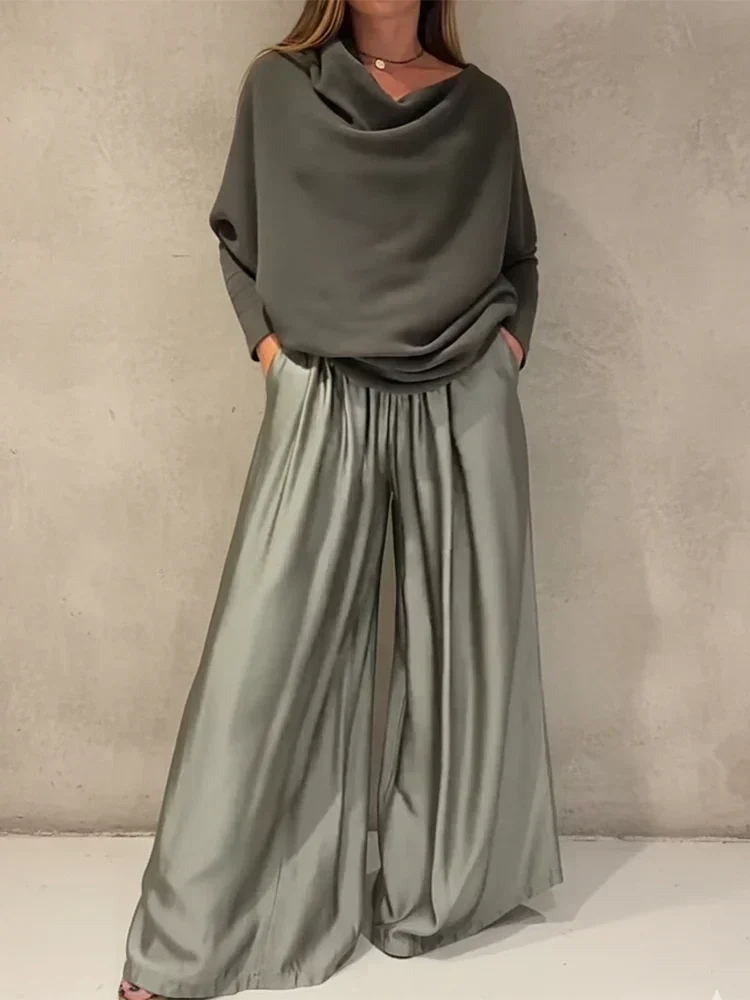 Georgina | Women's Off-Shoulder Two-Piece Set, Bardot Blouse and Wide-Leg Pants