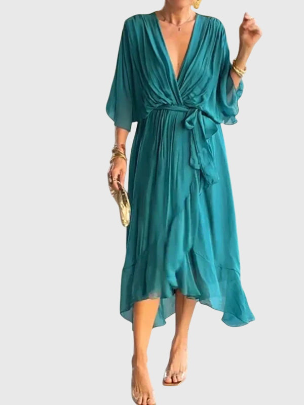 Bethany | Women's V-Neck Midi Dress, Lightweight Flowing Wedding Guest Dress