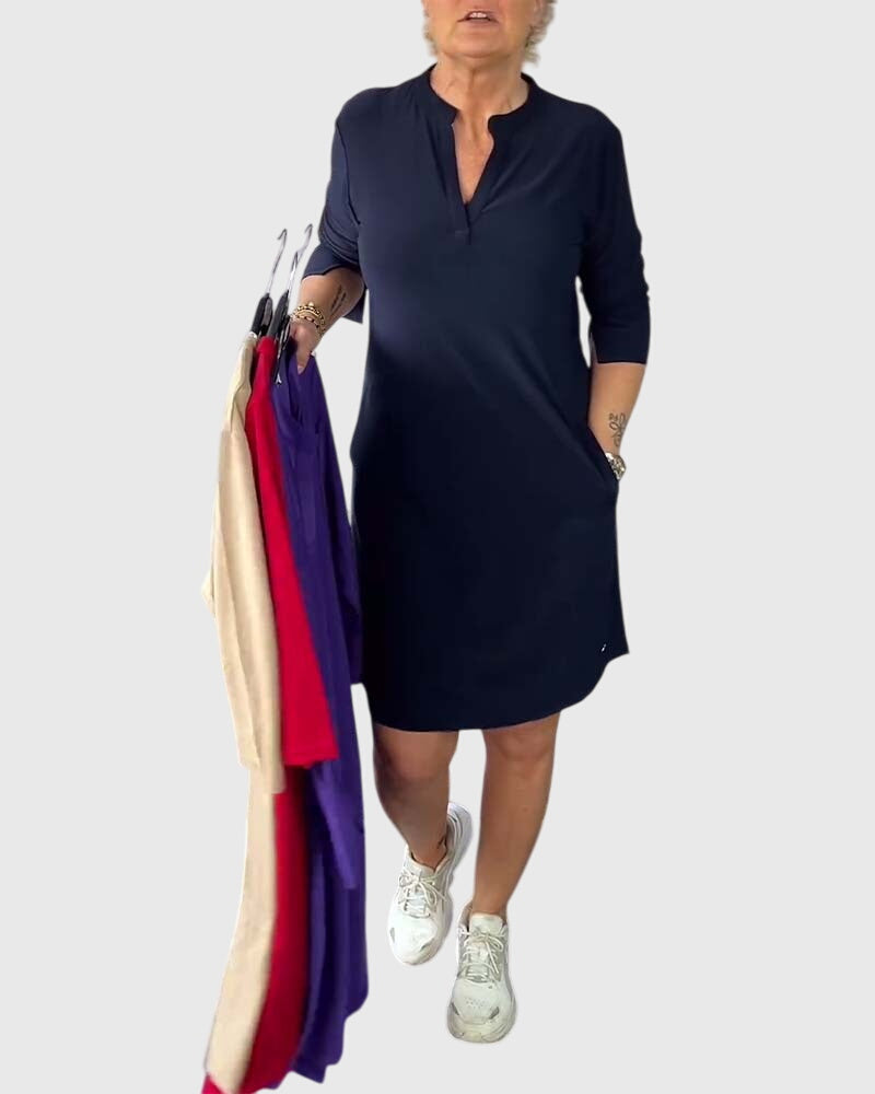 Katherine | Women's Solid V-Neck Mini Dress, Stretchy Everyday Work Dress