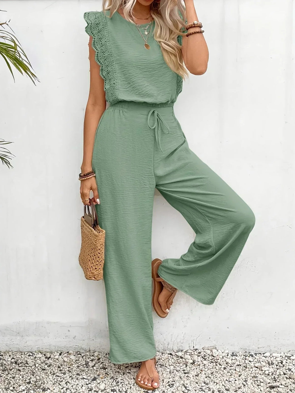 Zella | Women's Lace-Trimmed Two-Piece Set, High-Waist Wide-Leg Trousers and Top