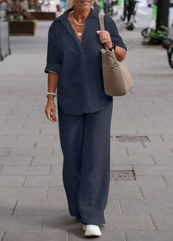 Denice | Women's Casual Two-Piece Set, Button-Up Top and Wide-Leg Trousers Outfit