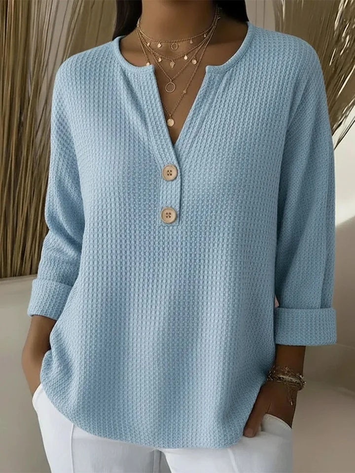 Giselle | Women's Textured Button Neck Sweater, Relaxed Fit Everyday Knit