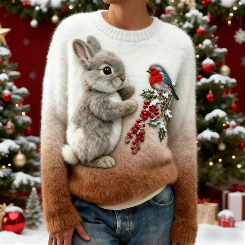 Janelli | Women's Bunny Print Sweater, Soft Plush Festive Winter Knit Sweater