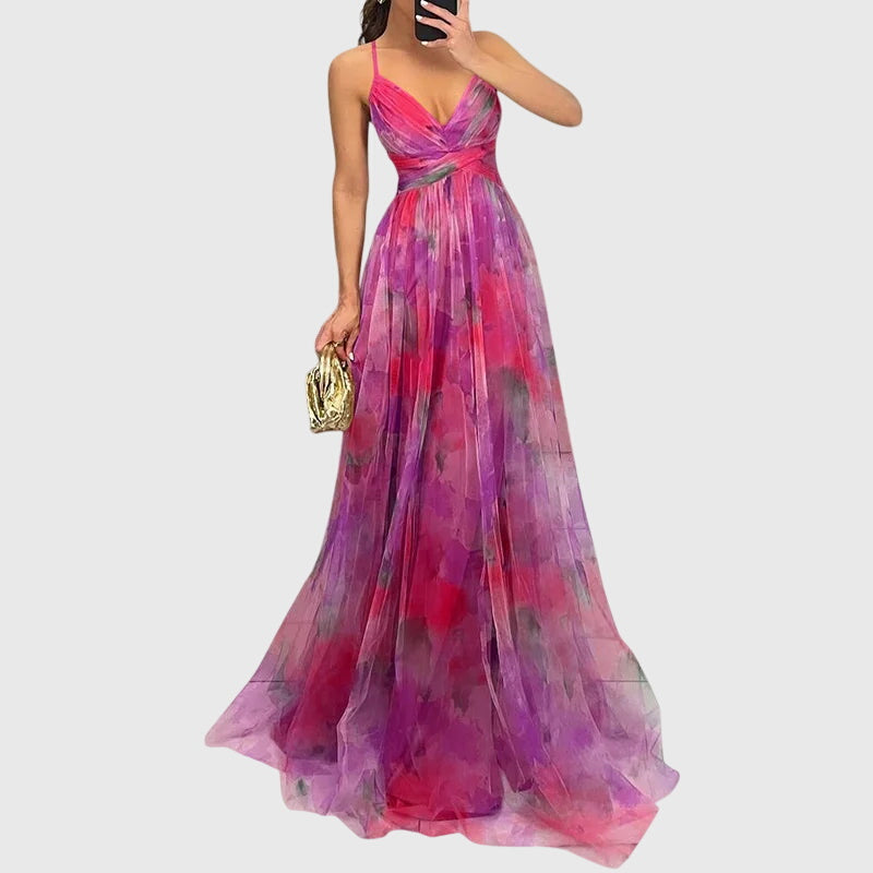 Giselle | Women's Floral Maxi Dress, Crisscross Strap High-Waisted Summer Dress