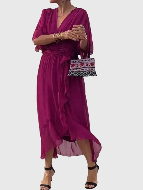 Bethany | Women's V-Neck Midi Dress, Lightweight Flowing Wedding Guest Dress