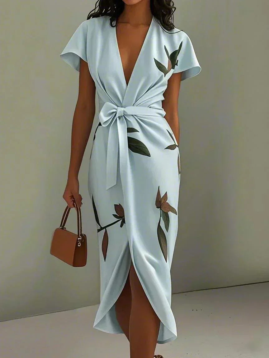 Brenna | Women's Wrap Midi Dress, V-Neck Flutter Sleeve Dress for Vacation