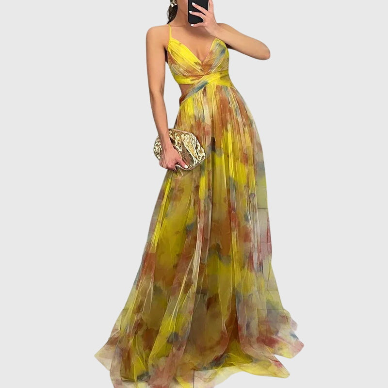 Giselle | Women's Floral Maxi Dress, Crisscross Strap High-Waisted Summer Dress