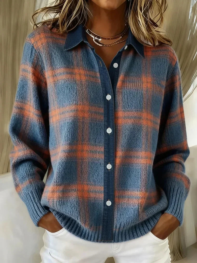 Faralyn | Women's Check Print Knit Cardigan, Button-Down Long Sleeve Sweater