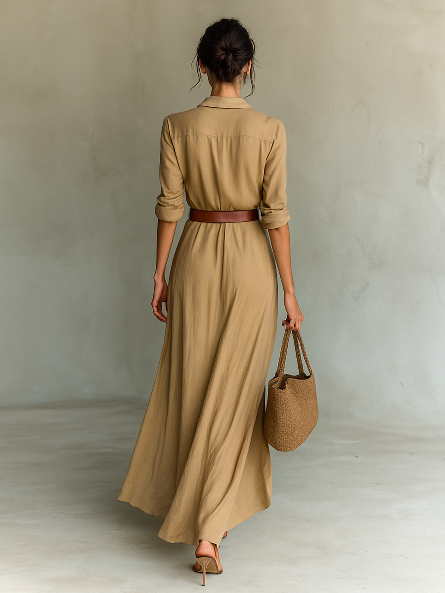 Women's Cotton Tencel Blend Maxi Dress, Long Sleeve Belted Lapel Dress for Work and Events