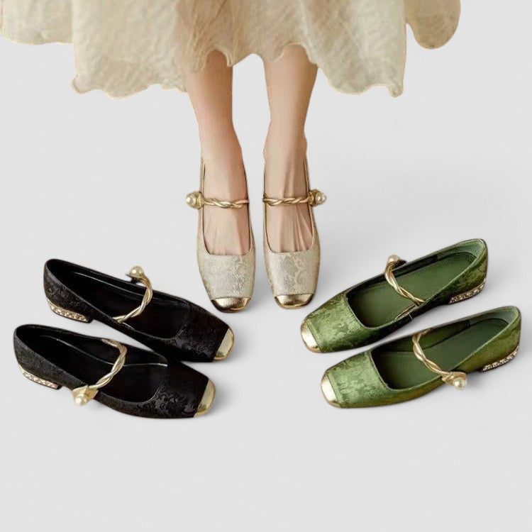 Mestelle | Women's Vegan Leather Mary Jane Shoes, Metallic Toe Block Heel Shoes