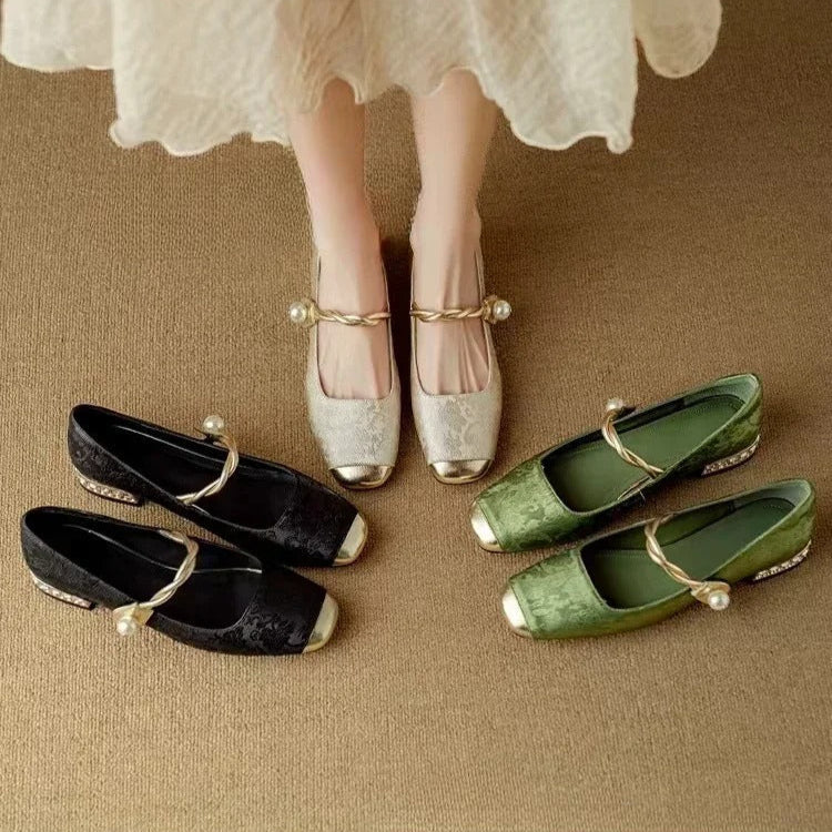Mestelle | Women's Pearl Strap Mary Jane Shoes, Low Block Heel Shoes for Occasions