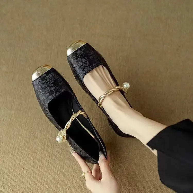 Mestelle | Women's Pearl Strap Mary Jane Shoes, Low Block Heel Shoes for Occasions