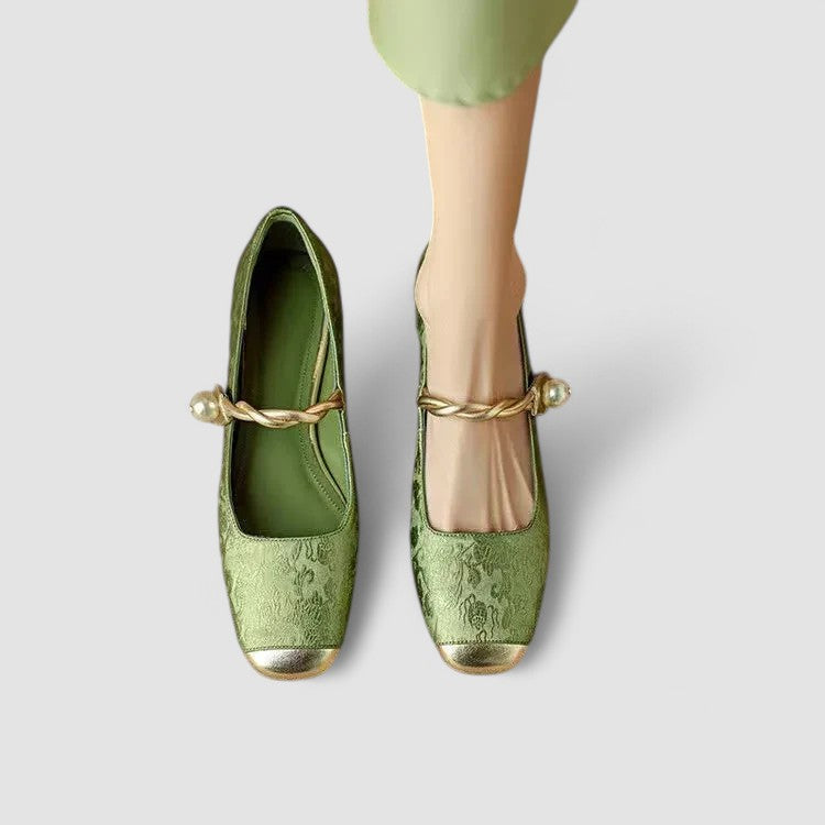 Mestelle | Women's Vegan Leather Mary Jane Shoes, Metallic Toe Block Heel Shoes