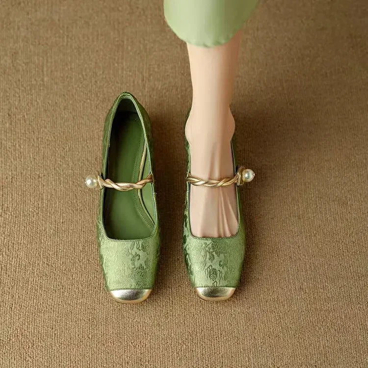 Mestelle | Women's Pearl Strap Mary Jane Shoes, Low Block Heel Shoes for Occasions