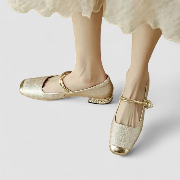 Mestelle | Women's Vegan Leather Mary Jane Shoes, Metallic Toe Block Heel Shoes
