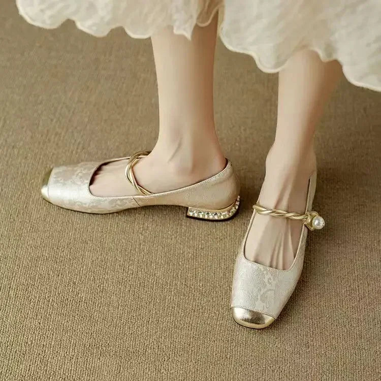 Mestelle | Women's Pearl Strap Mary Jane Shoes, Low Block Heel Shoes for Occasions