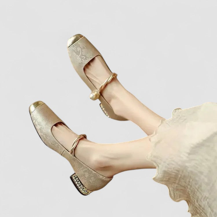 Mestelle | Women's Vegan Leather Mary Jane Shoes, Metallic Toe Block Heel Shoes