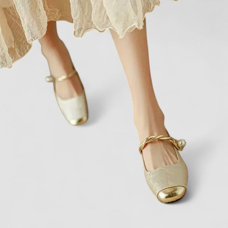 Mestelle | Women's Vegan Leather Mary Jane Shoes, Metallic Toe Block Heel Shoes