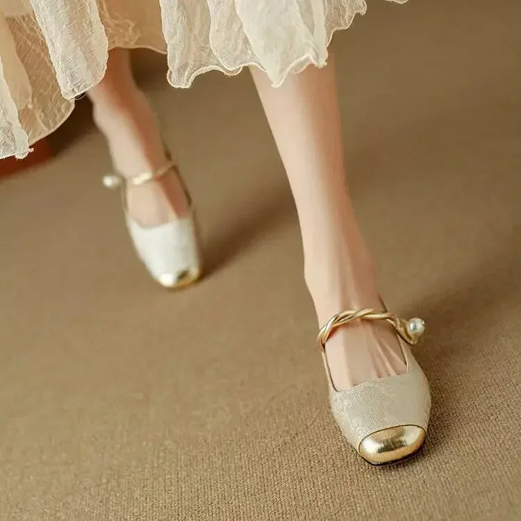 Mestelle | Women's Pearl Strap Mary Jane Shoes, Low Block Heel Shoes for Occasions