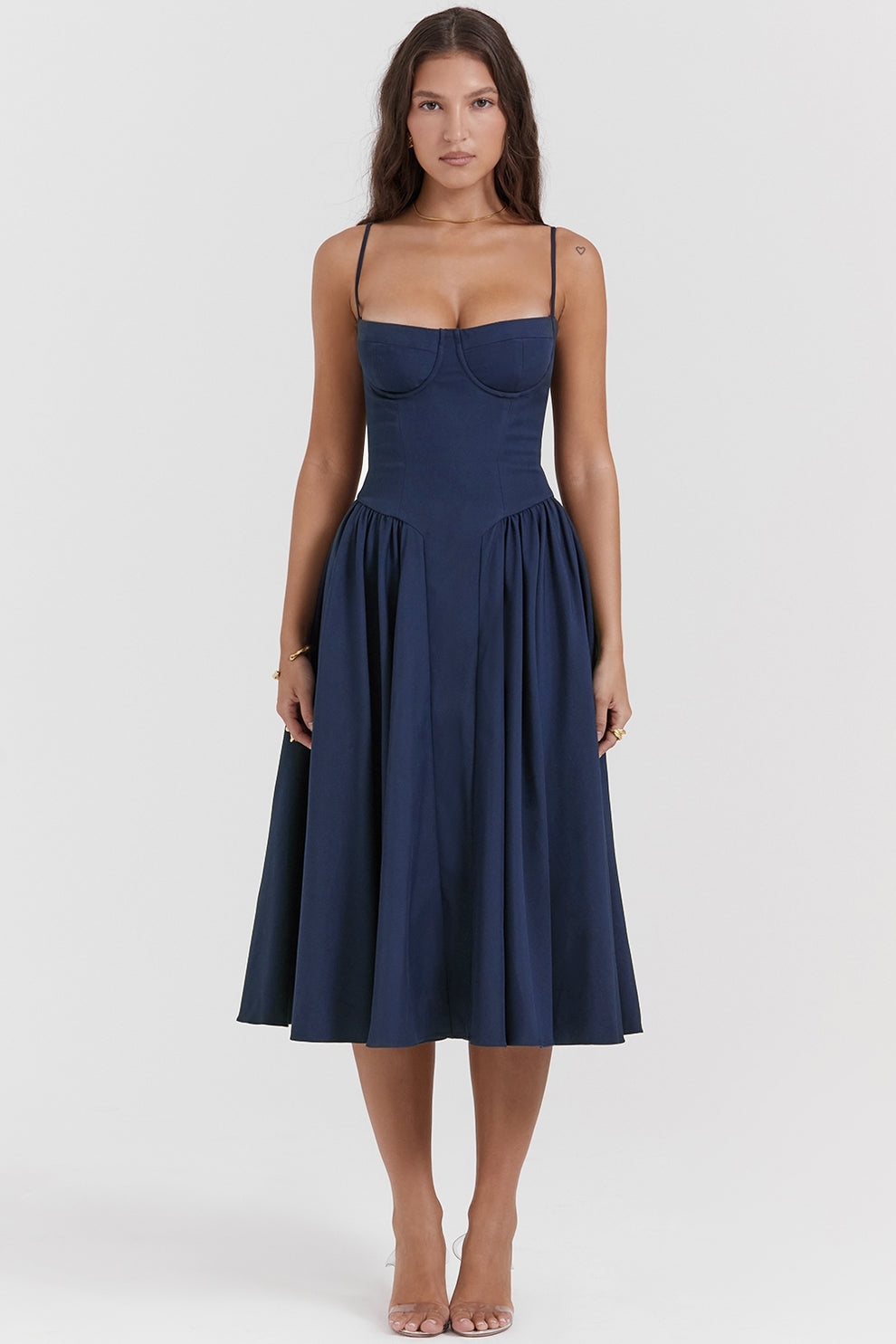 MISA | Women's Sleeveless Midi Dress, Fitted Bodice Flared Formal Dress
