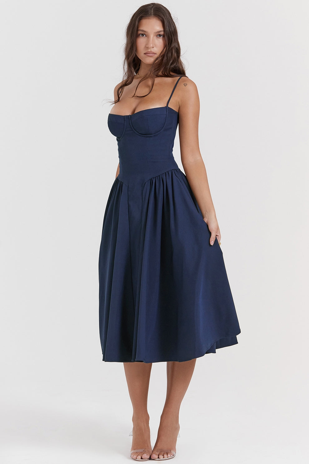 MISA | Women's Sleeveless Midi Dress, Fitted Bodice Flared Formal Dress