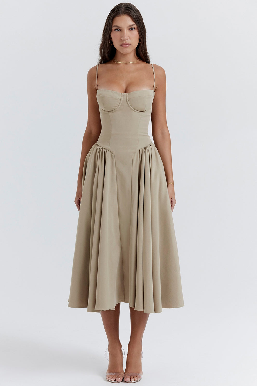 MISA | Women's Sleeveless Midi Dress, Fitted Bodice Flared Formal Dress