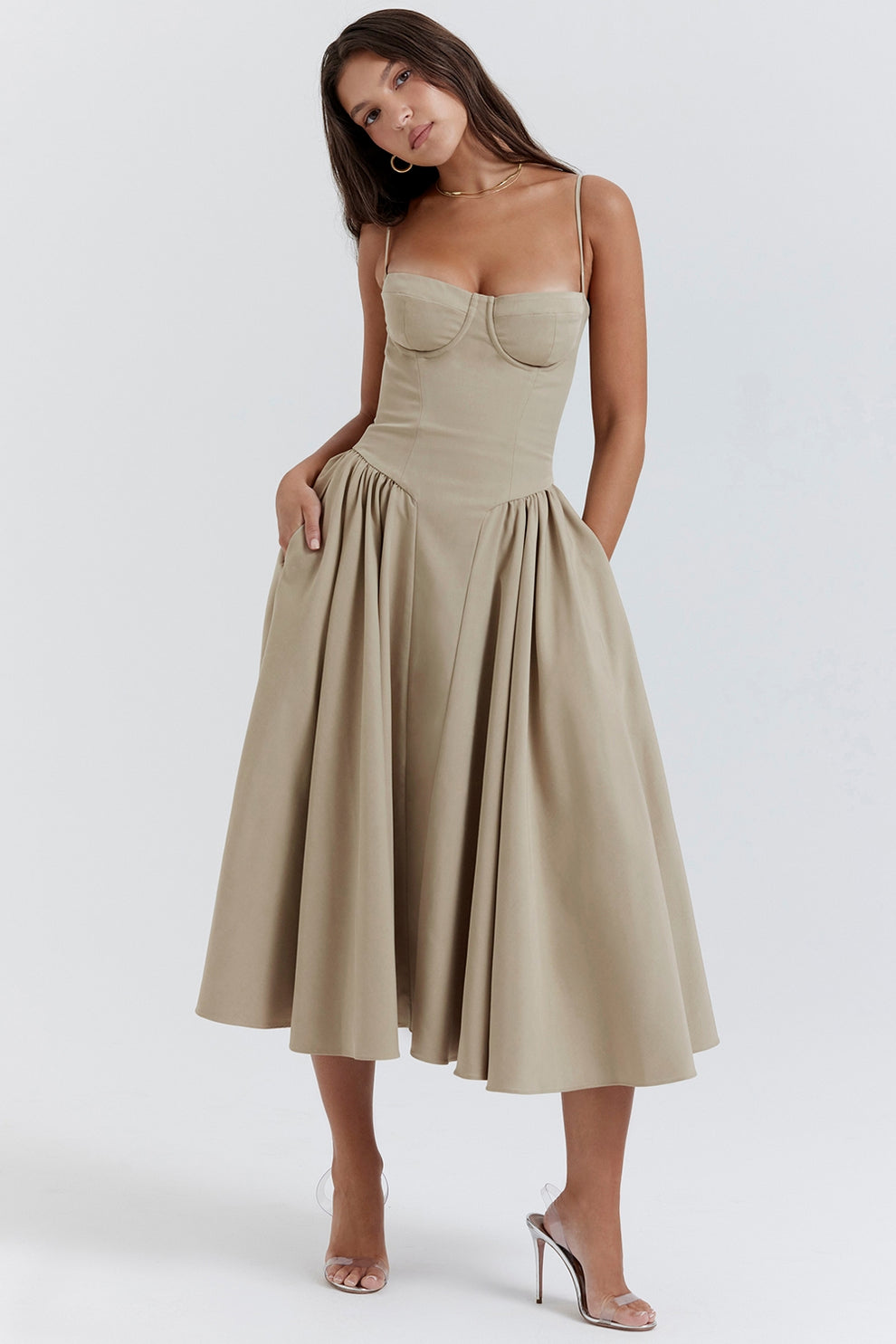 MISA | Women's Sleeveless Midi Dress, Fitted Bodice Flared Formal Dress